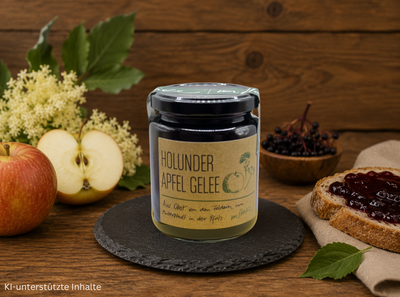 „Von Heike Holunder-Apfel-Gelee im Glas – Gelee aus Holunder und Äpfeln aus der Pfalz auf rustikalem Holzhintergrund“