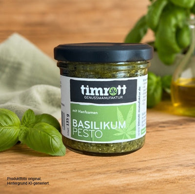 Timrott Basilikum Pesto mit Hanfsamen im 135-g-Glas – aromatisches Basilikumpesto für Pasta, Pizza, Bruschetta und mediterrane Gerichte.
