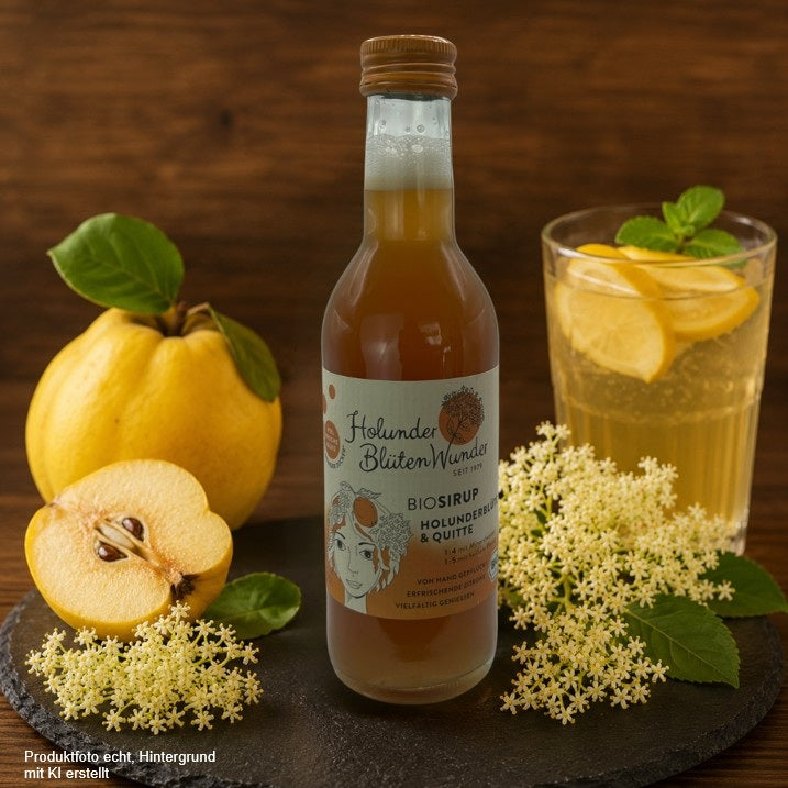 Holunder BlütenWunder Bio-Sirup Holunderblüte & Quitte in einer Glasflasche auf einer Schieferplatte mit frischen Holunderblüten und Quitten vor rustikalem