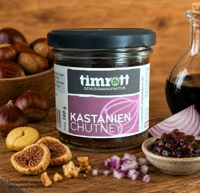 Timrott Kastanien Chutney im 160-g-Glas – fruchtig-würziges Feinkost-Chutney mit Esskastanien, getrockneten Feigen und Aceto Balsamico, ideal zu Käse, Wild, Fleisch und Antipasti.