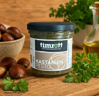 Timrott Kastanien Pesto im 135-g-Glas – aromatisches Feinkost-Pesto mit Kastanien und Petersilie für Pasta, Gnocchi, Wildgerichte und herbstliche Küche.