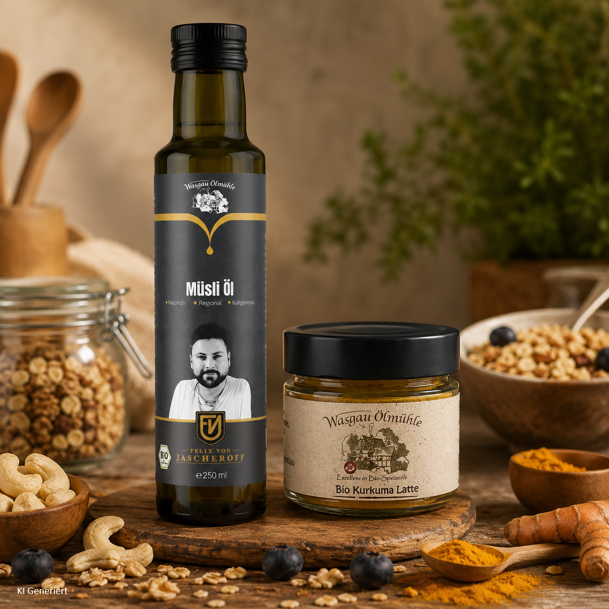 Bio Müsliöl und Bio Kurkuma Latte der Wasgau Ölmühle auf einem Holztisch mit Müsli, Cashewkernen, Heidelbeeren und Kurkuma – Frühstücksset für einen genussvollen Start in den Tag.