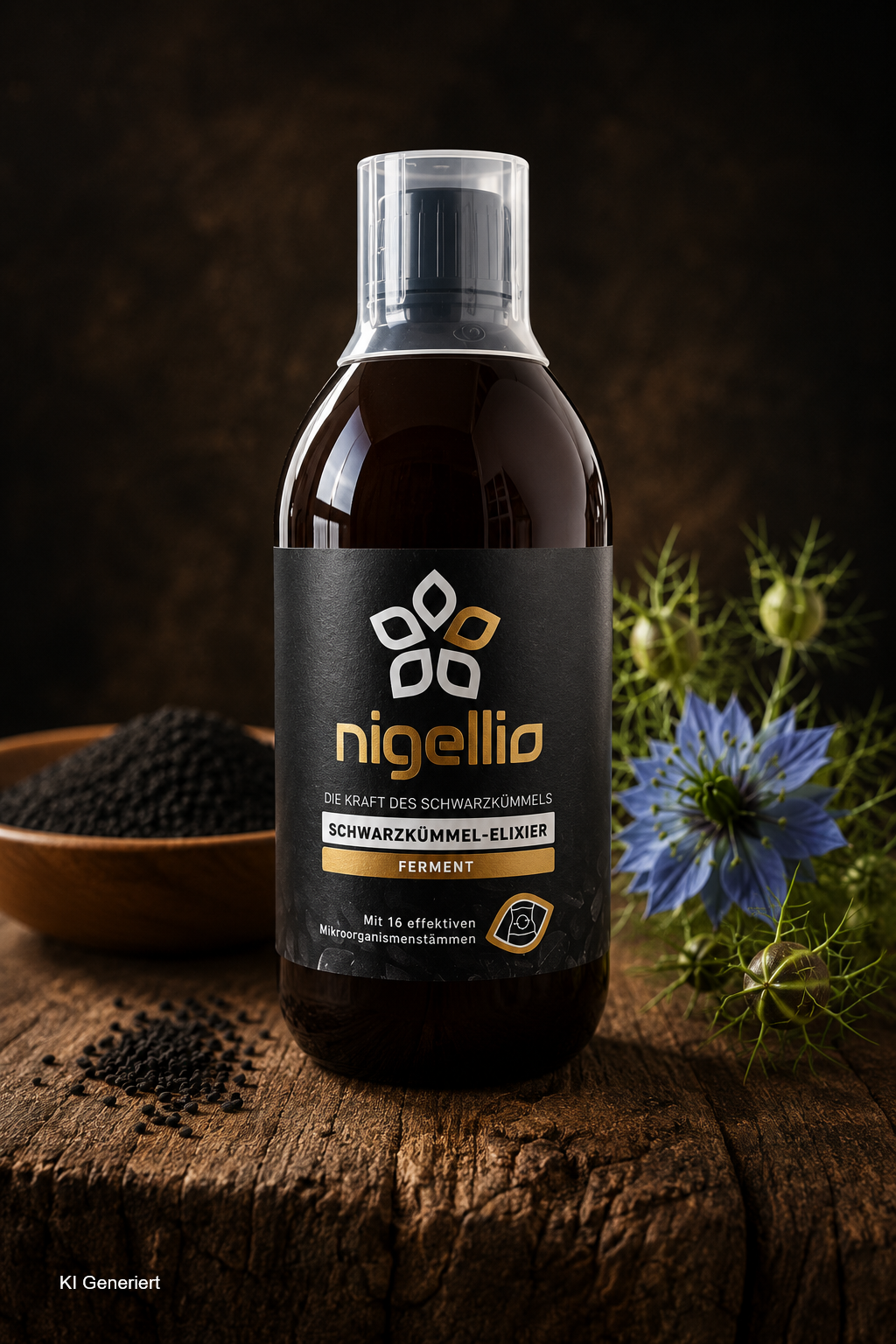Nigellio Schwarzkümmel-Elixier Ferment der Wasgau Ölmühle – fermentiertes Nahrungsergänzungsmittel mit 16 Mikroorganismenstämmen zur bewussten Unterstützung von Stoffwechsel und Darmflora.