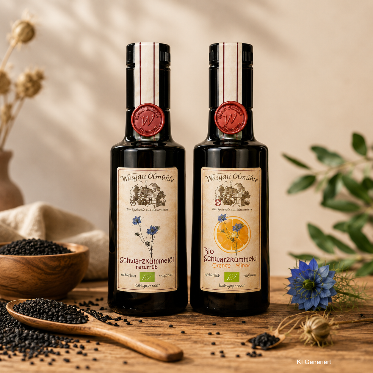 Bio Schwarzkümmelöl der Wasgau Ölmühle – naturtrübes ungefiltertes Schwarzkümmelöl aus Nigella Sativa und Schwarzkümmelöl Orange-Minze aus schonender Kaltpressung mit hochwertigem Schwarzkümmel Ägyptische Saat, hoher Thymochinongehalt Laborgeprüft