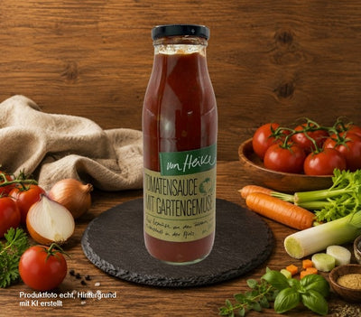 Von Heike Tomatensauce mit Gartengemüse im Glas – hausgemachte Tomatensauce aus regionalem Gemüse aus der Pfalz auf rustikalem Hintergrund für den Onlineshop.