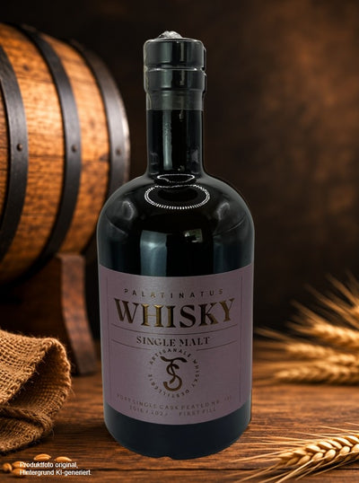 Palatinatus Single Malt Whisky – Port Single Cask Peated Nr. 121 in hochwertiger Premiumflasche, im First-Fill-Portfass von 2016 bis 2023 gereift.