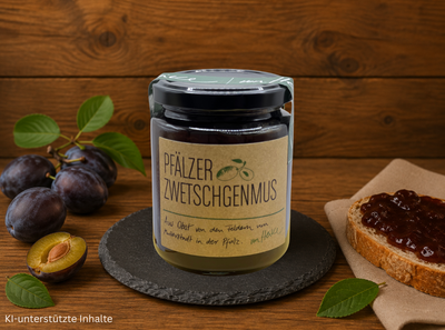 Von Heike Pfälzer Zwetschgenmus im Glas – Zwetschgenmus aus Obst von den Feldern um Mutterstadt in der Pfalz auf rustikalem Holzhintergrund