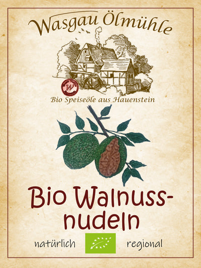 Bio Walnussnudeln 250 g der Wasgau Ölmühle – proteinreiche Bio-Pasta mit teilentöltem Walnussmehl und fein nussigem Geschmack für Pasta-, Gemüse- und Wildgerichte.