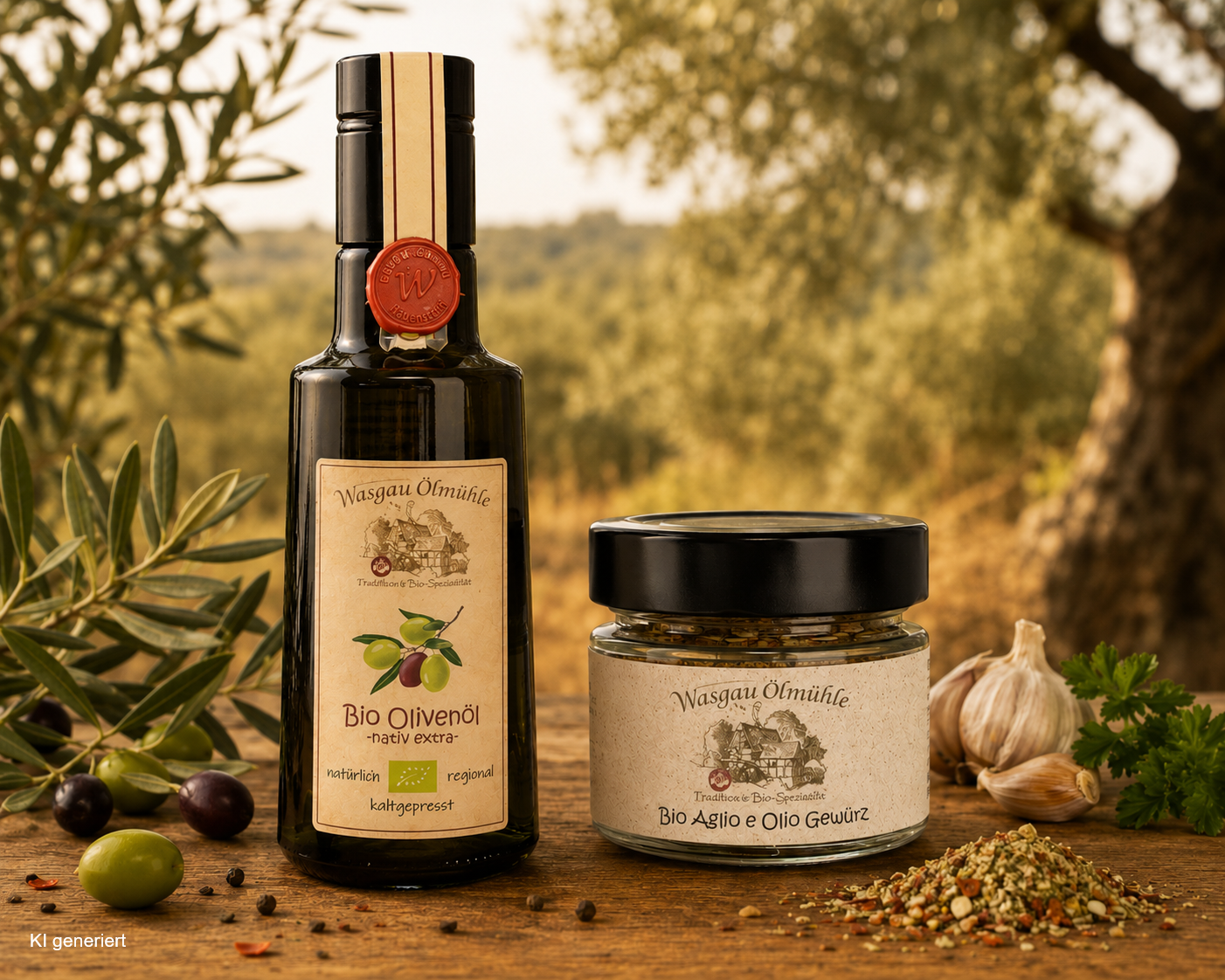 Bio Olivenöl nativ extra und Bio Aglio e Olio Gewürz der Wasgau Ölmühle – hochwertiges mediterranes Set für Pasta, Pizza, Salate, Bruschetta und italienische Küche.