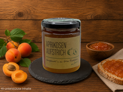 Von Heike Aprikosen Aufstrich im Glas – fruchtiger Aprikosenaufstrich mit frischen Aprikosen auf rustikalem Holzhintergrund