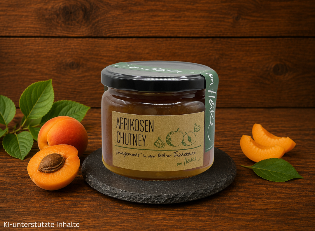 Von Heike Aprikosen Chutney im Glas mit frischen Aprikosen auf dunkler Schieferplatte und rustikalem Holzhintergrund