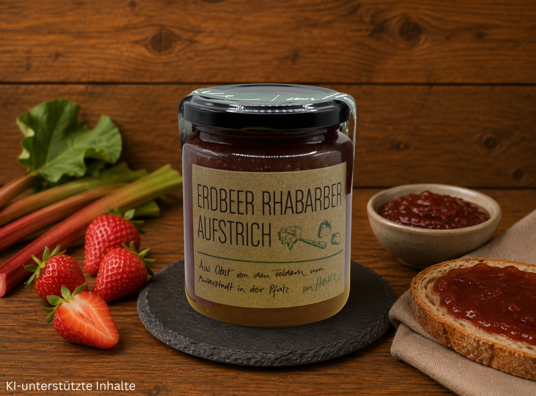Von Heike Erdbeer-Rhabarber Aufstrich im Glas mit frischen Erdbeeren und Rhabarber auf rustikalem Holzhintergrund