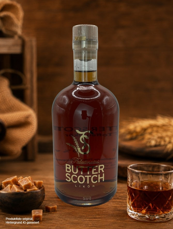 Palatinatus Butterscotch Likör in eleganter Glasflasche –Likör mit feiner Butterscotch-Note, ideal zum puren Genuss oder für Cocktails und Desserts.