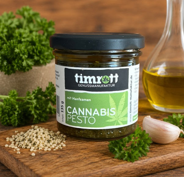 Timrott Cannabis Pesto mit geschälten Hanfsamen im 135-g-Glas – würziges Feinkost-Pesto mit Petersilie, Knoblauch und kaltgepresstem Rapsöl für Pasta, Kartoffeln, Brot und Dips.