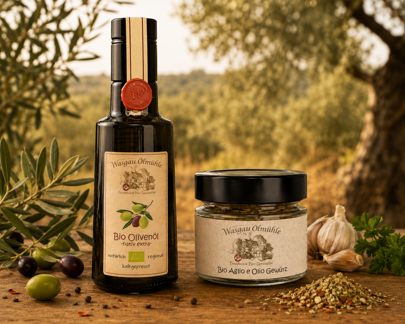 Bundle -  Bio Aglio e Olio Gewürz trifft auf Bio Olivenöl