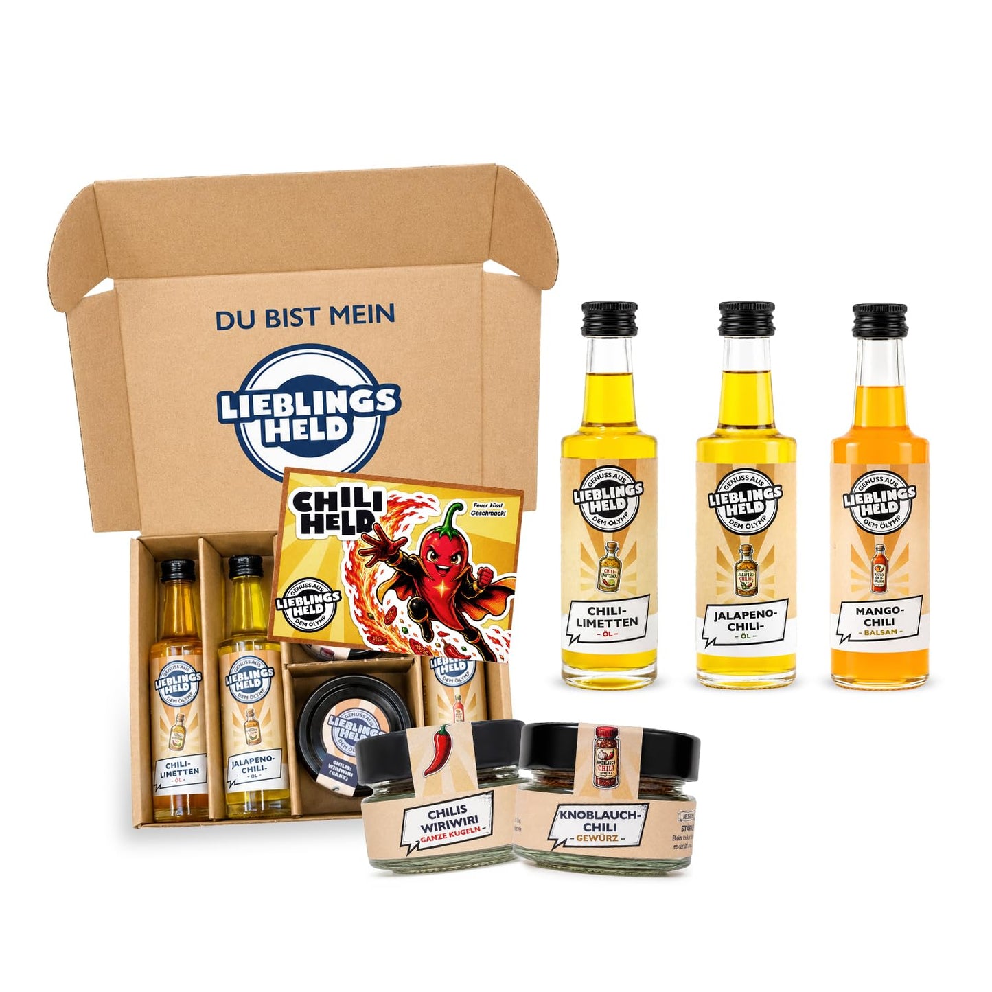 Chiliheld Feuerkuss 5-teiliges Chili Geschenkset mit Ölen & Gewürzen | Geschenkfertig verpackte Chili Genussbox, Chili Gewürze Set 