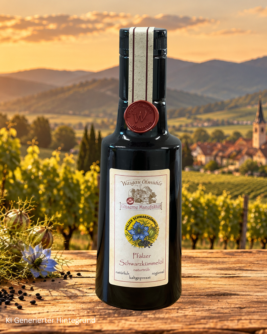 Flasche mit deutschem Schwarzkümmelöl auf einem rustikalen Holztisch vor pfälzischen Weinbergen, einem Weindorf und dem Pfälzerwald im warmen Abendlicht.