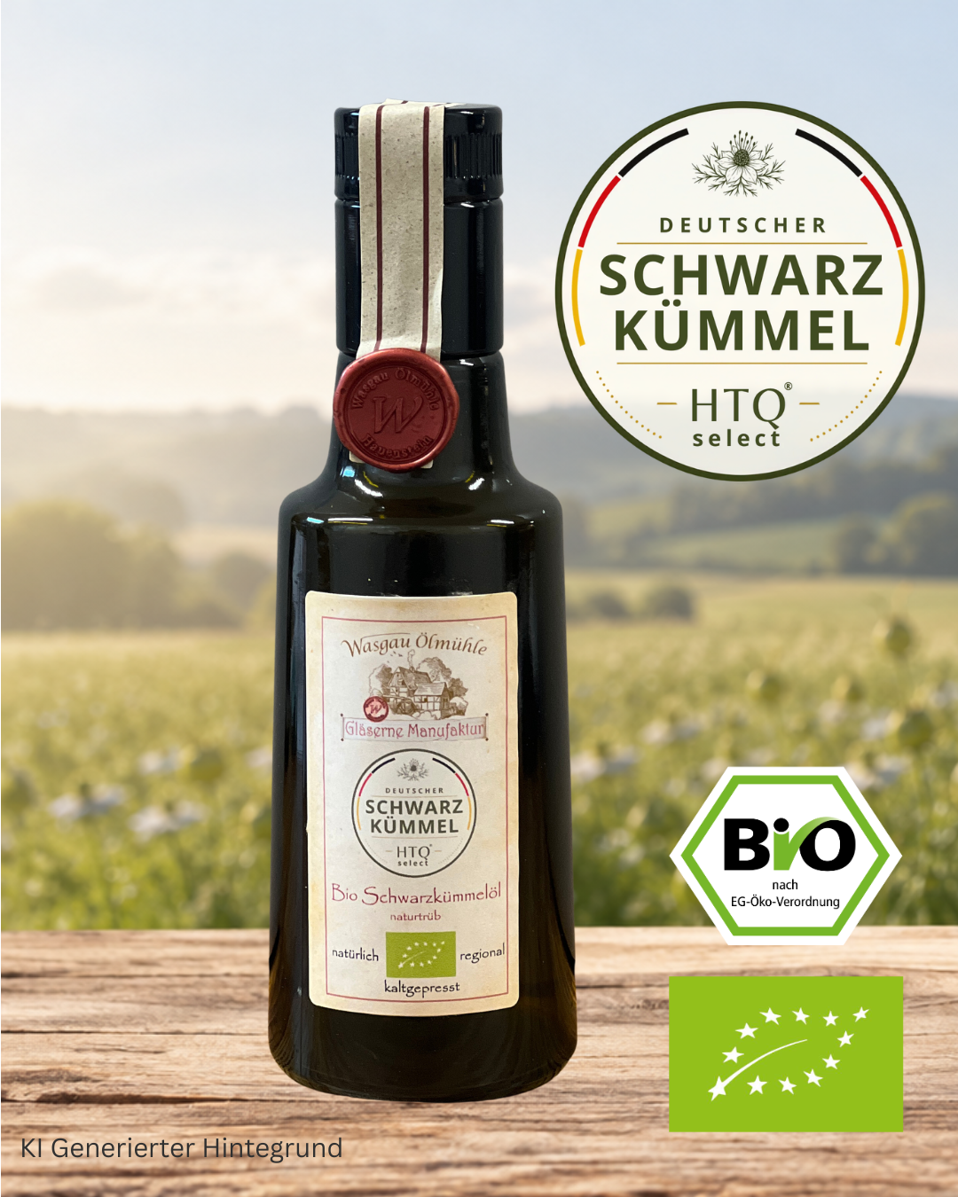 Bio Schwarzkümmelöl aus deutscher Herstellung in dunkler Glasflasche von Wasgau Ölmühle – kaltgepresstes Schwarzkümmelöl mit Bio-Siegel vor ländlicher Landschaft.