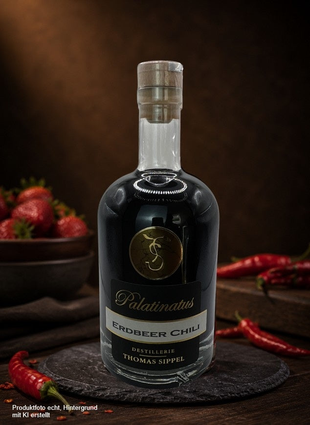 Palatinatus Erdbeer Chili Likör in hochwertiger Glasflasche, stilvoll präsentiert auf einer Schieferplatte mit frischen Erdbeeren und roten Chilischoten vor rustikalem Holzhintergrund.