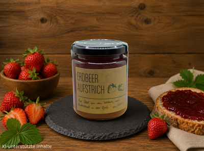 Von Heike Erdbeer Aufstrich im Glas – fruchtiger Erdbeeraufstrich aus Erdbeeren aus der Pfalz auf rustikalem Holzhintergrund