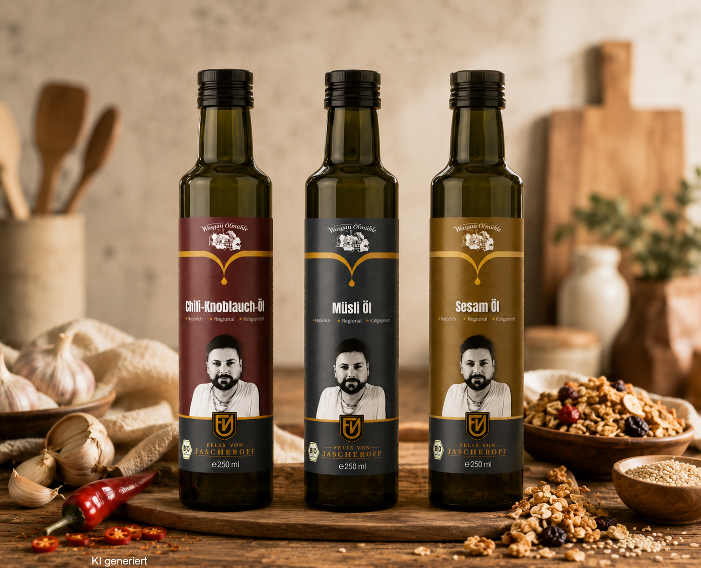 Bio Chili-Knoblauch-Öl, Bio Müsliöl und Bio Sesamöl der Wasgau Ölmühle by Felix von Jascheroff – hochwertige kaltgepresste Speiseöle aus regionaler Herstellung.