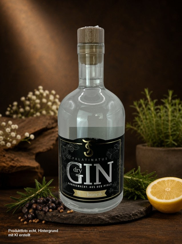 Palatinatus Dry Gin – handgemachter Gin aus der Pfalz mit 14 Botanicals in hochwertiger Glasflasche, stilvoll präsentiert auf dunklem Schieferuntergrund.