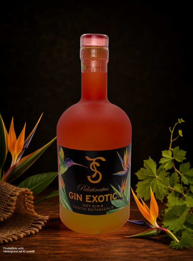 Palatinatus Gin Exotic – Dry Gin mit exotischen Botanicals in hochwertiger Flasche, stilvoll präsentiert mit tropischen Pflanzen auf dunklem Hintergrund.