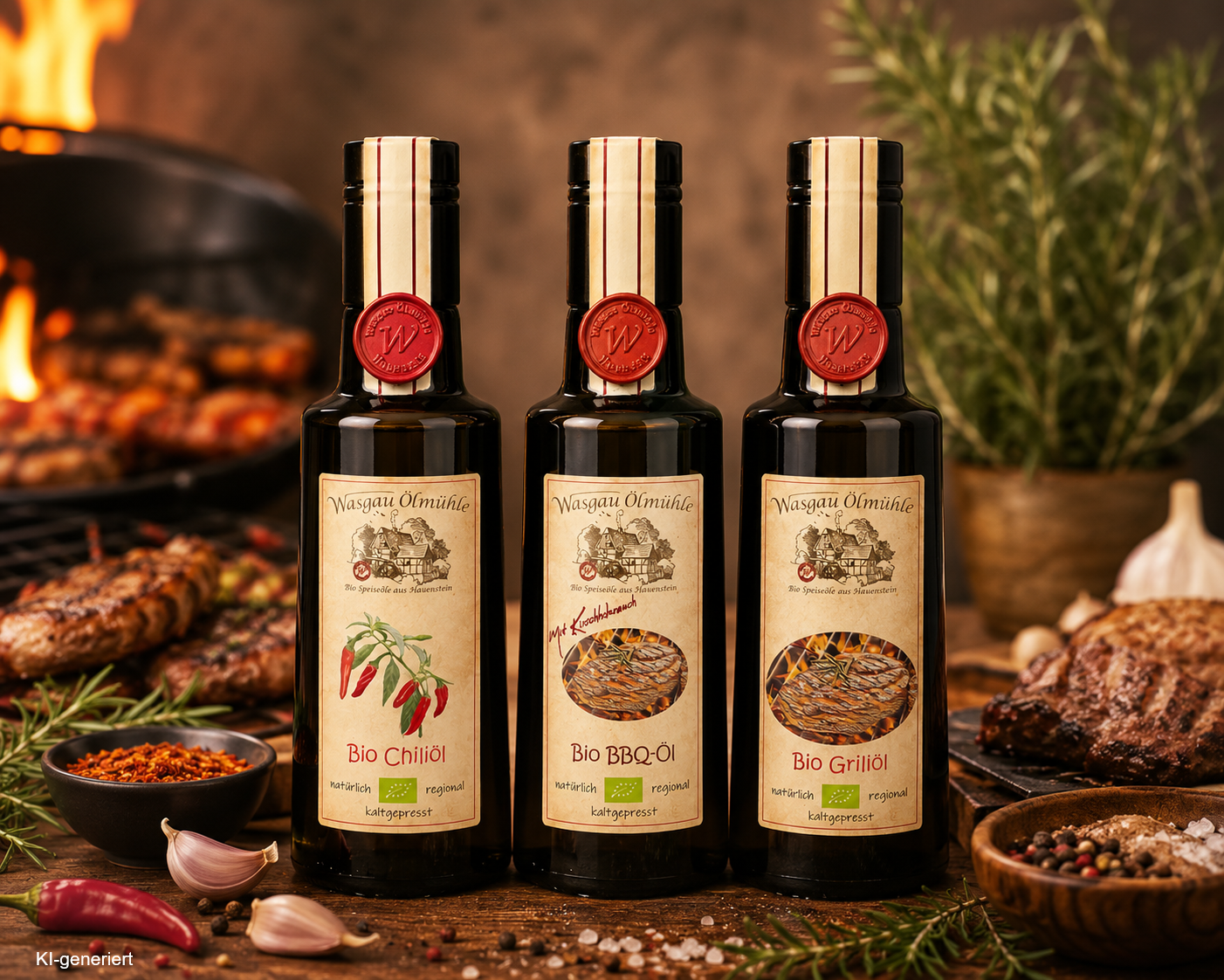 Grillöle der Wasgau Ölmühle mit Bio Chiliöl, Bio BBQ-Öl und Bio Grillöl – hochwertige kaltgepresste Bio-Speiseöle zum Marinieren, Grillen und Verfeinern von Fleisch und Gemüse.