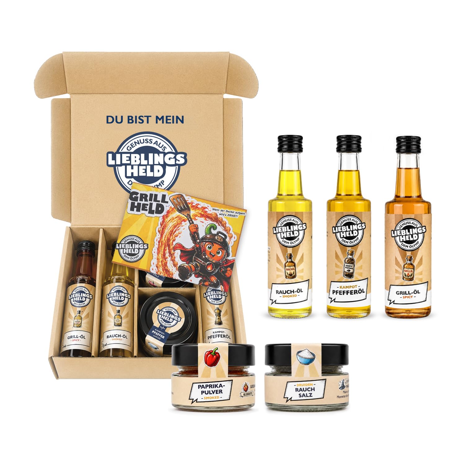 Grillheld Feuerabend 5-teiliges Grill-Geschenkset mit Ölen & Gewürzen | Geschenkfertig verpackte Genussbox mit Grill-Öl Spicy, Rauch-Öl Smoked