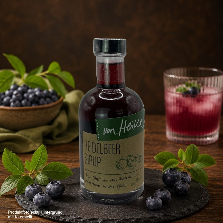 Von Heike Heidelbeer Sirup in einer Glasflasche auf einer Schieferplatte mit frischen Heidelbeeren und Heidelbeerzweigen vor rustikalem Holzhintergrund – hochwertiges Produktfoto für den Onlineshop.