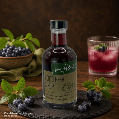 Von Heike Heidelbeer Sirup in einer Glasflasche auf einer Schieferplatte mit frischen Heidelbeeren und Heidelbeerzweigen vor rustikalem Holzhintergrund – hochwertiges Produktfoto für den Onlineshop.