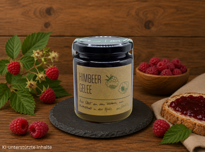 Von Heike Himbeer Gelee im Glas – fruchtiges Gelee aus Himbeeren aus der Pfalz auf rustikalem Holzhintergrund