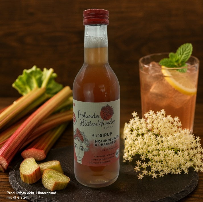 Holunder BlütenWunder Bio-Sirup Holunderblüte & Rhabarber in einer Glasflasche auf einer Schieferplatte mit frischen Holunderblüten und Rhabarber vor rustikalem Holzhintergrund – hochwertiges Produktfoto für den Onlineshop.