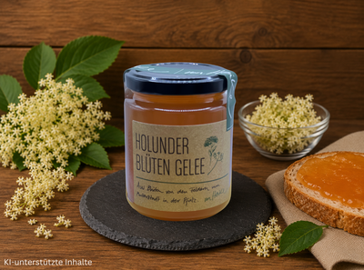 Von Heike Holunderblüten Gelee im Glas – Gelee aus Holunderblüten aus der Pfalz auf rustikalem Holzhintergrund