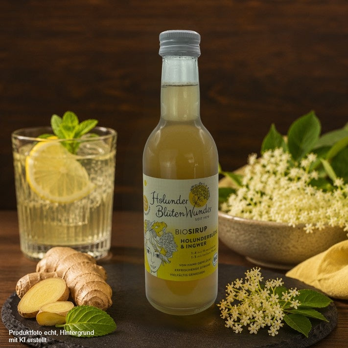 Holunder BlütenWunder Bio-Sirup Holunderblüte & Ingwer in einer Glasflasche auf einer Schieferplatte mit Holunderblüten, frischem Ingwer und Zitrone vor rustikalem Holzhintergrund – hochwertiges Produktfoto für den Onlineshop.