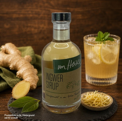 Von Heike Ingwer Sirup in einer Glasflasche auf einer Schieferplatte mit frischer Ingwerwurzel und Ingwerscheiben vor rustikalem Holzhintergrund – hochwertiges Produktfoto für den Onlineshop.