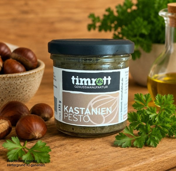 Timrott Kastanien Pesto im 135-g-Glas – aromatisches Feinkost-Pesto mit Kastanien und Petersilie für Pasta, Gnocchi, Wildgerichte und herbstliche Küche.