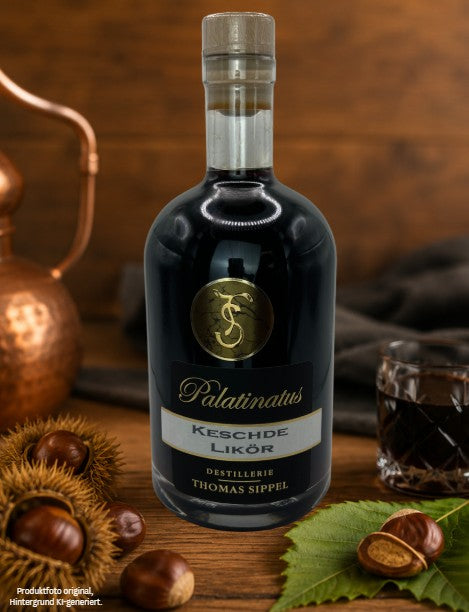 Palatinatus Keschde Likör von Destillerie Thomas Sippel – hochwertiger Kastanienlikör in eleganter Glasflasche mit kräftigem Aroma und feiner Maronennote.