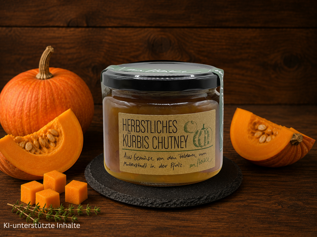 Von Heike Herbstliches Kürbis Chutney im Glas mit frischem Kürbis auf rustikalem Holzhintergrund