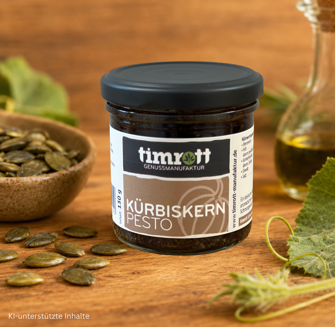 Glas Kürbiskern-Pesto von timrott auf einem Holztisch, umgeben von Kürbiskernen, Kürbisblättern und einer Flasche Kürbiskernöl.