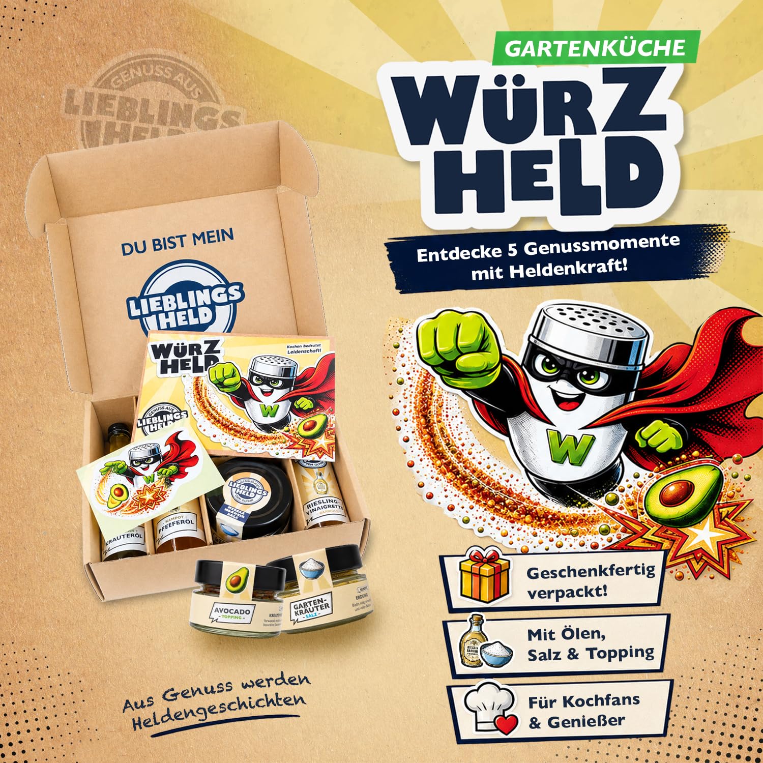 Würzheld Gartenküche Gewürzset, 5-teiliges Geschenkset mit Gewürzen & Ölen | Avocado Topping, Gartenkräutersalz, Kampot Pfefferöl, Riesling Vinaigrette & keltischem Kräuteröl, zum Kochen und Grillen