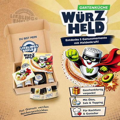 Würzheld Gartenküche Gewürzset, 5-teiliges Geschenkset mit Gewürzen & Ölen | Avocado Topping, Gartenkräutersalz, Kampot Pfefferöl, Riesling Vinaigrette & keltischem Kräuteröl, zum Kochen und Grillen