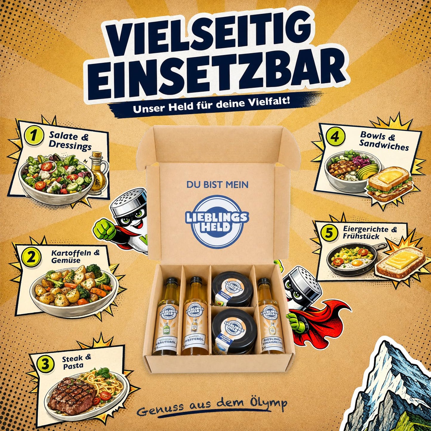 Würzheld Gartenküche Gewürzset, 5-teiliges Geschenkset mit Gewürzen & Ölen | Avocado Topping, Gartenkräutersalz, Kampot Pfefferöl, Riesling Vinaigrette & keltischem Kräuteröl, zum Kochen und Grillen