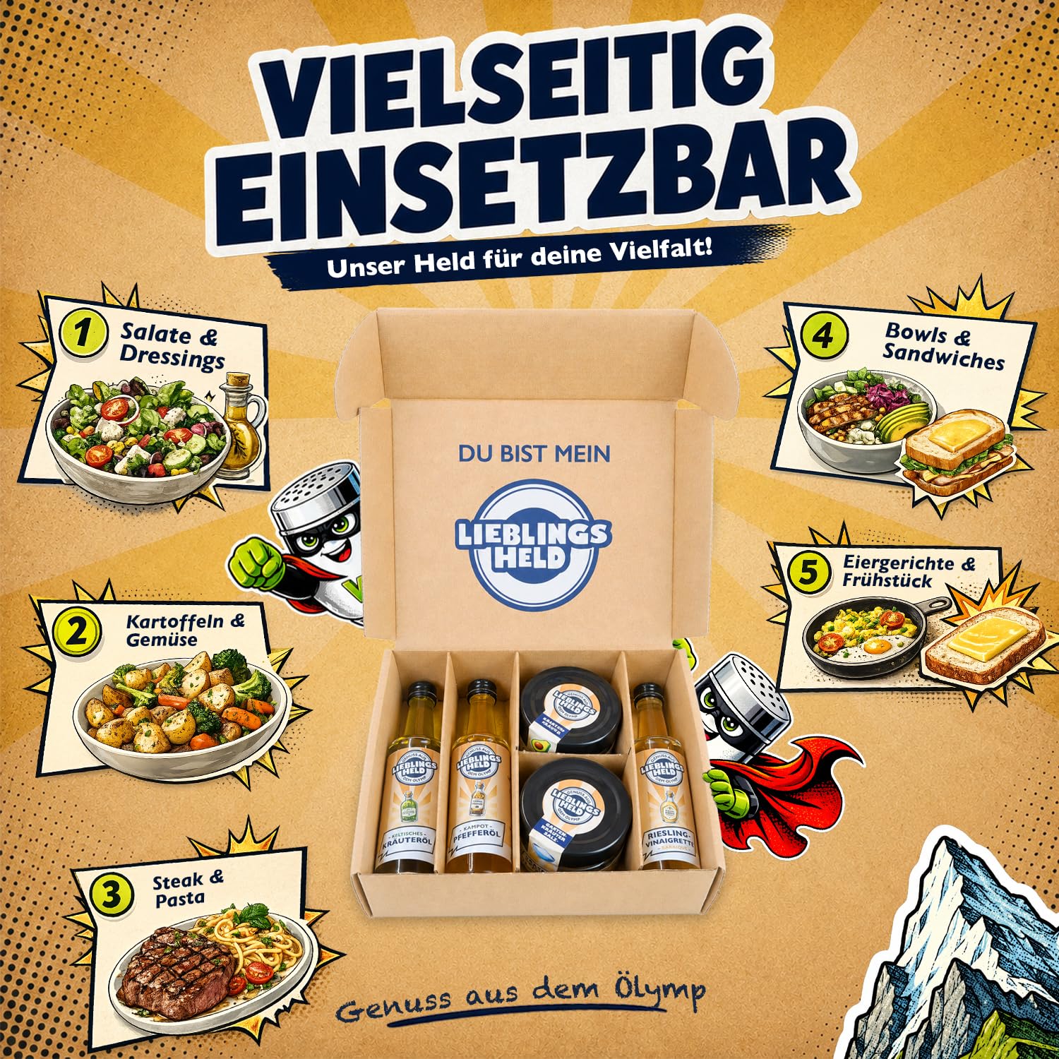 Würzheld Gartenküche Gewürzset, 5-teiliges Geschenkset mit Gewürzen & Ölen | Avocado Topping, Gartenkräutersalz, Kampot Pfefferöl, Riesling Vinaigrette & keltischem Kräuteröl, zum Kochen und Grillen