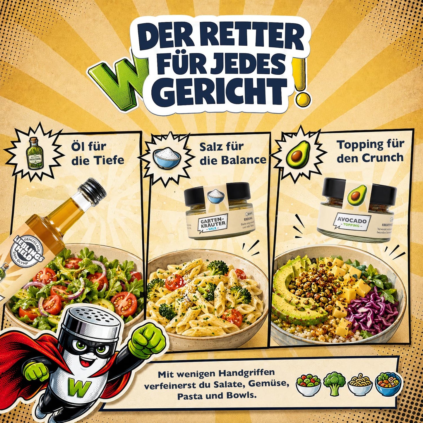 Würzheld Gartenküche Gewürzset, 5-teiliges Geschenkset mit Gewürzen & Ölen | Avocado Topping, Gartenkräutersalz, Kampot Pfefferöl, Riesling Vinaigrette & keltischem Kräuteröl, zum Kochen und Grillen