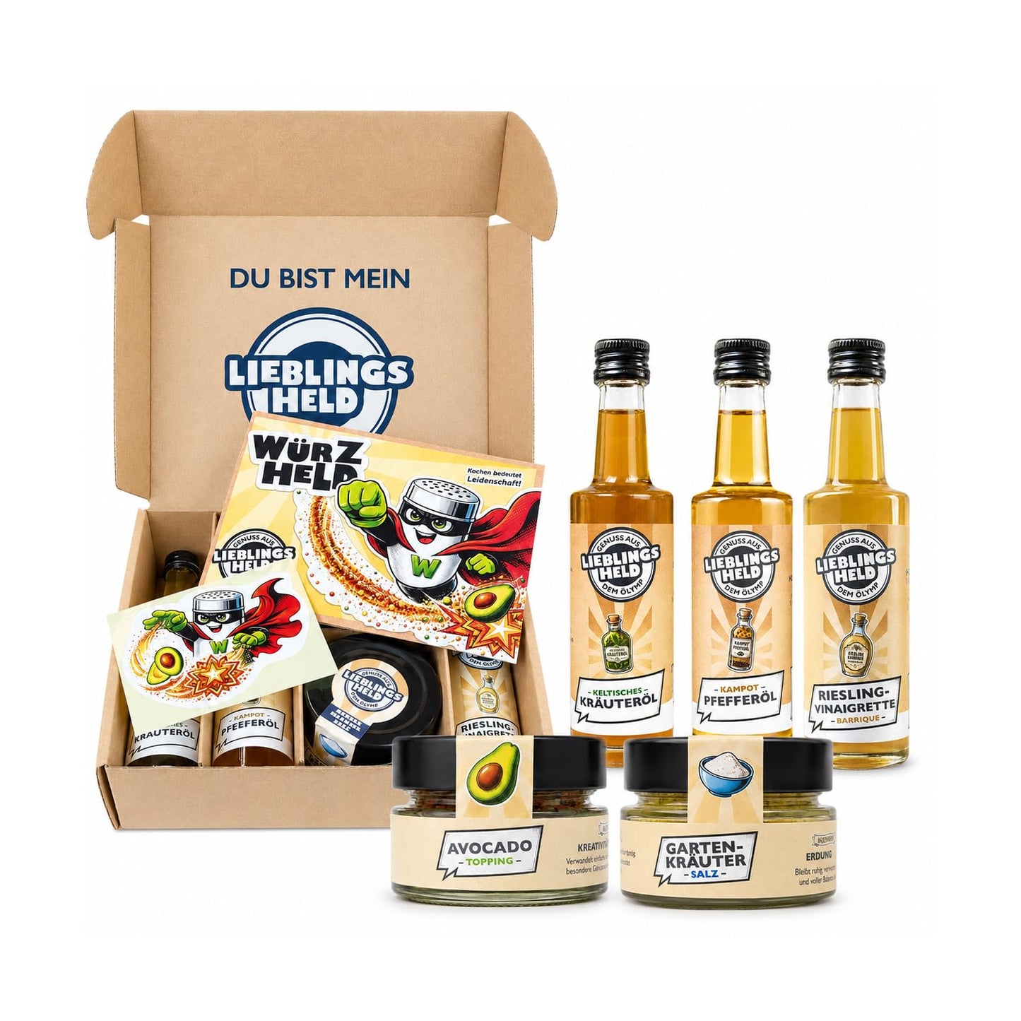Würzheld Gartenküche Gewürzset, 5-teiliges Geschenkset mit Gewürzen & Ölen | Avocado Topping, Gartenkräutersalz, Kampot Pfefferöl, Riesling Vinaigrette & keltischem Kräuteröl, zum Kochen und Grillen
