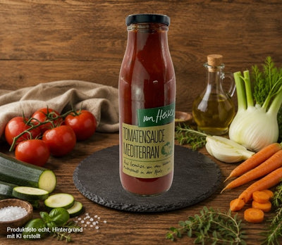 Von Heike Tomatensauce mit Fenchel, Zucchini und Karotten im Glas – regionale Tomatensauce aus der Pfalz auf rustikalem Hintergrund.