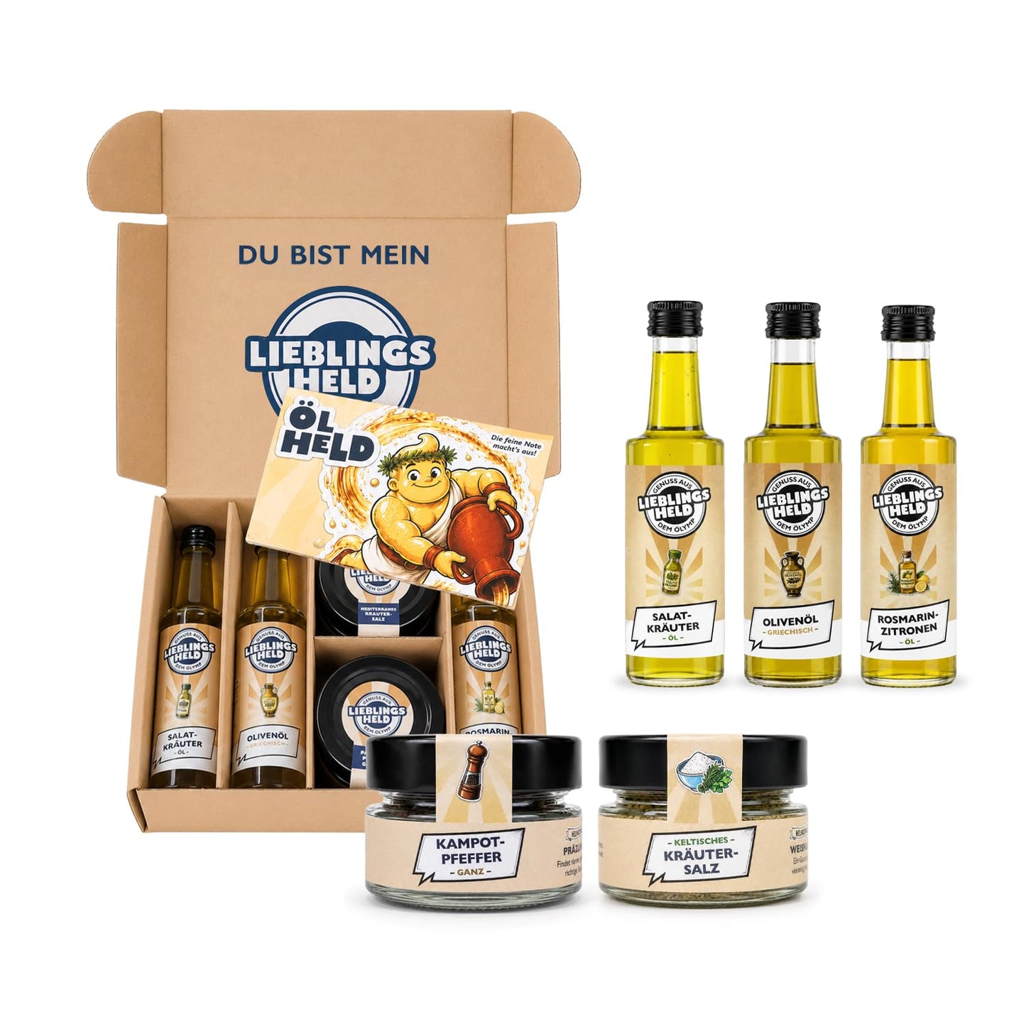 Ölheld Feinschmecker Gewürzset, 5-teiliges Geschenkset mit Ölen & Gewürzen | Geschenkfertige Genussbox mit Salat-Kräuter Öl, Olivenöl