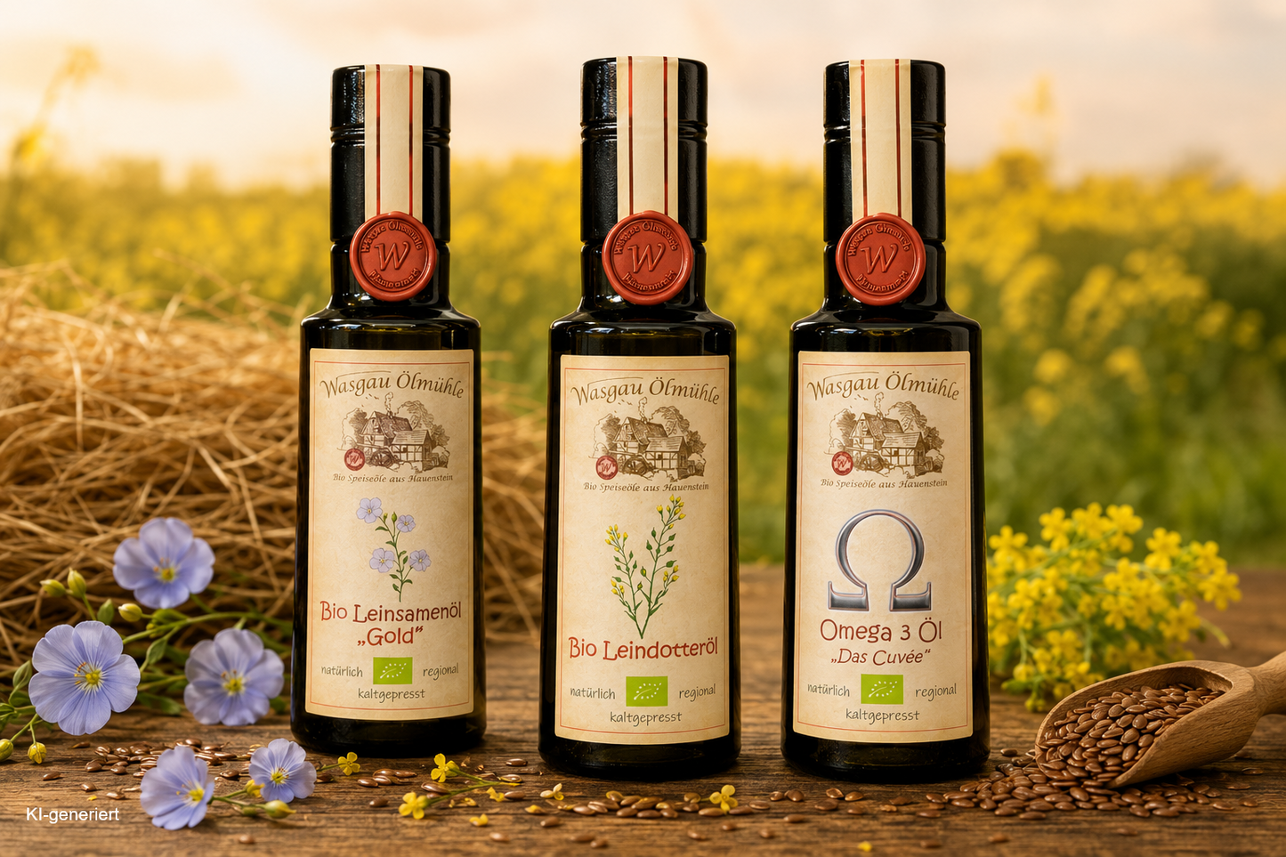 Drei kaltgepresste Bio-Öle der Wasgau Ölmühle: Bio Leinsamenöl Gold, Bio Leindotteröl und Omega-3 Öl Das Cuvée vor einem blühenden Rapsfeld.