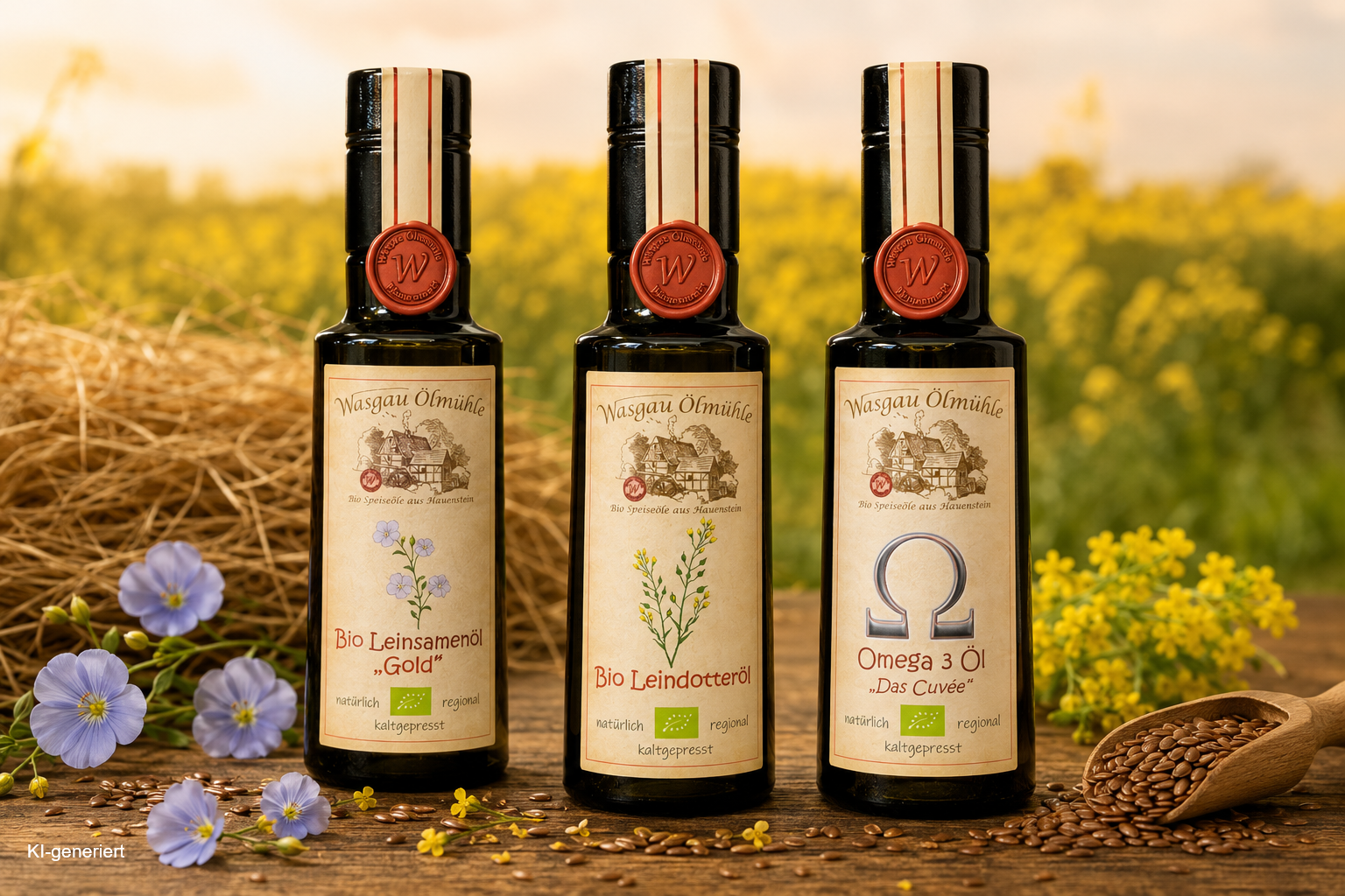 Drei kaltgepresste Bio-Öle der Wasgau Ölmühle: Bio Leinsamenöl Gold, Bio Leindotteröl und Omega-3 Öl Das Cuvée vor einem blühenden Rapsfeld.